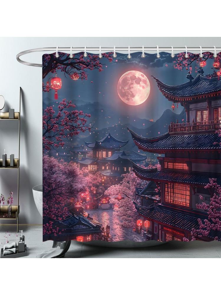 Japan Anime Shower Curtain Cherry Blossom Full Moon Lake Mountain Landscape Pink Flower Bloom Asian Oriental Starry Wonderland 90x180CM
