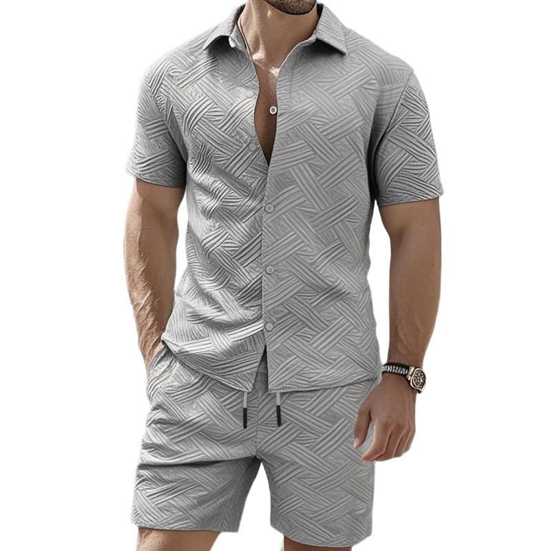 Mens Casual Two Piece Outfit Textured Short Sleeve Shirt And Shorts Set