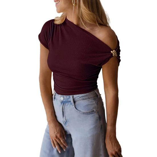 Women T-shirt Soft Stretchy Regular Fit Sloping Shoulder Short Sleeve Pullover Tops with Metal Design Party Vacation Casual Wear