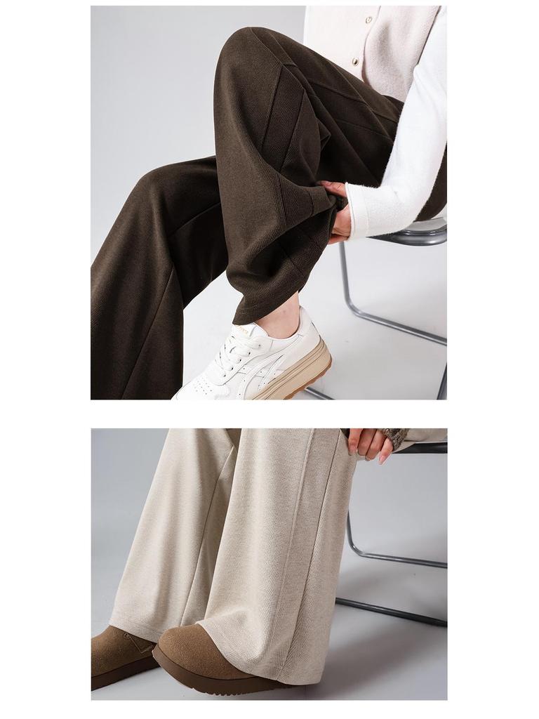 Women's Wool Wide-Leg Pants, Brown Herringbone, Slimming & Comfortable, Skin-Friendly, 2025 Autumn/Winter Collection