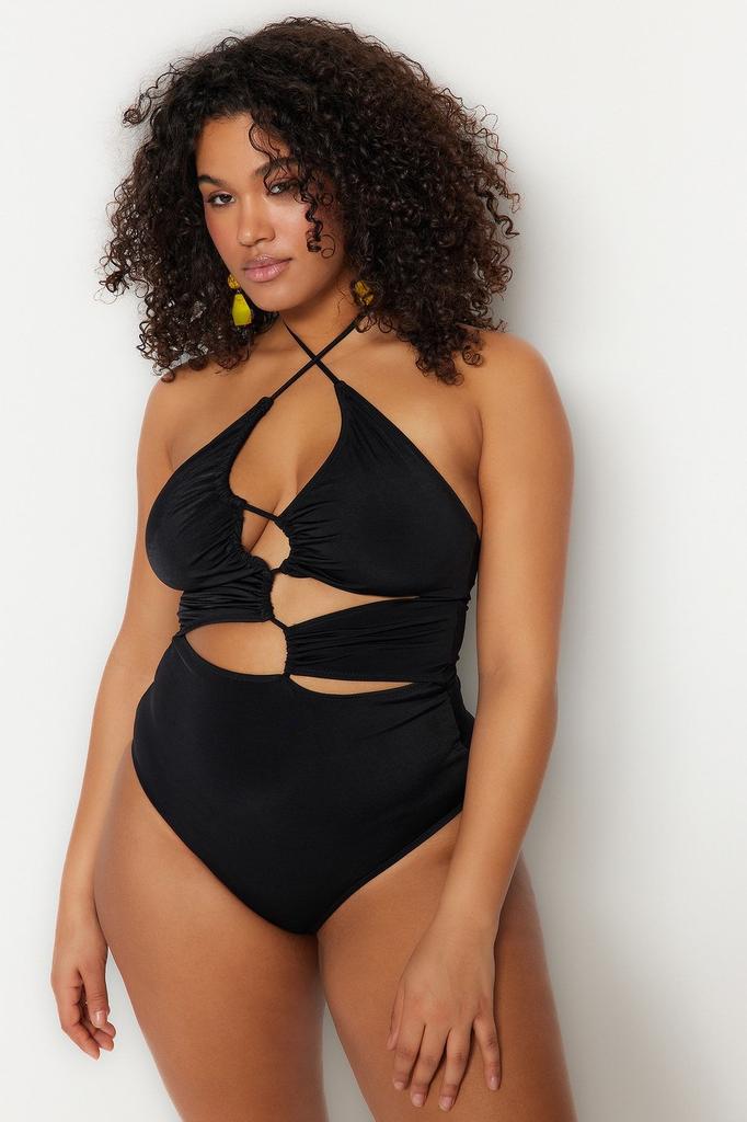 Women's Style Plus Size Black Cut Out Detailed Tie Swimsuit