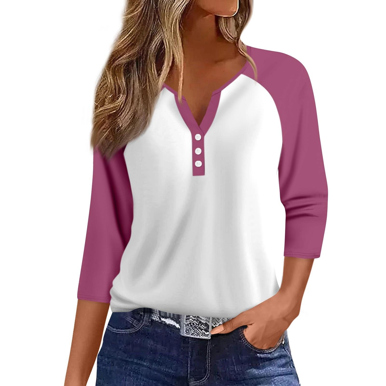

Женская мода повседневная футболка с рукавами реглан, колор-блок, V-образным вырезом, рукавами три четверти, декоративными пуговицами XXXL белый