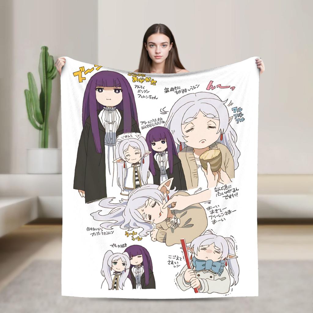 Frieren Beyond Journey's End Blankets Flannel Print Full Character Multi-function Lightweight Throw Blankets Bedspreads Quilt