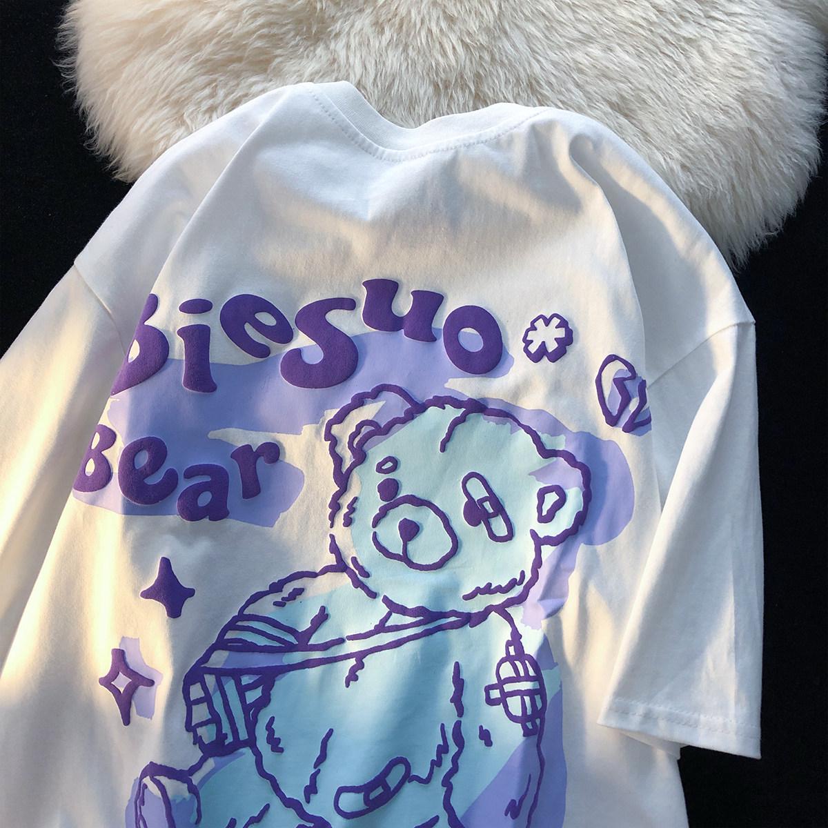 Unisex Retro Graffiti Little Bear Pure Cotton Loose T-Shirt, Plus Size Half Sleeve 3XL (156-170 jin)
