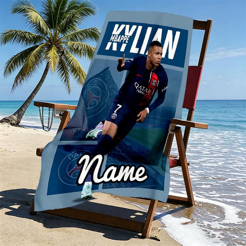 Personalisierbares Strandtuch mit Kylian Mbappe Aufdruck und individuellem Namen, für Reise Camping Strandparty Heimdekoration, Geburtstagsgeschenk für Familie & Freunde
