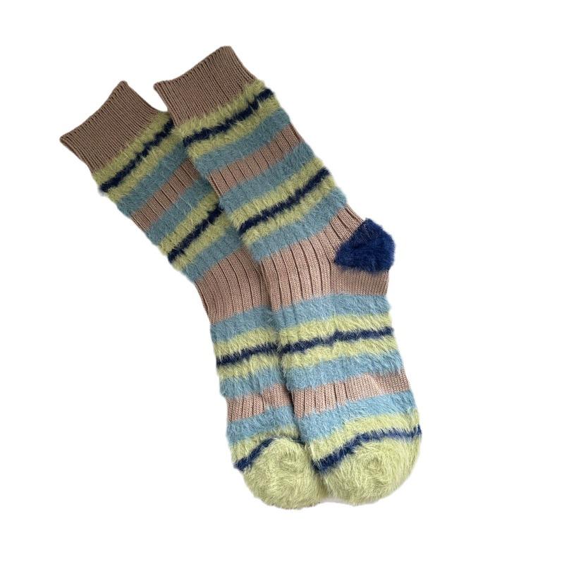 Couple's Thick-lined Mid-calf Socks, Color-blocked Trendy Imitation Mink Wool, Warm and Fluffy Long Socks for Autumn and Winter