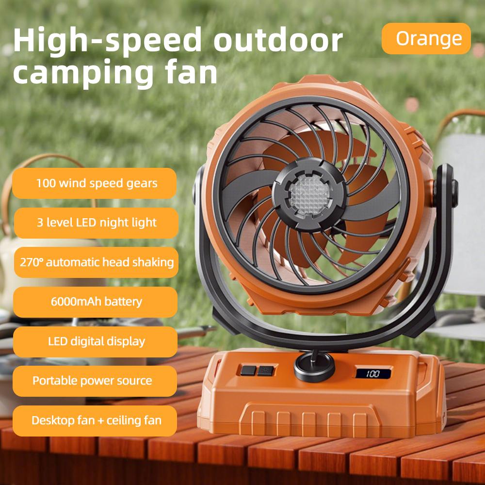 

Outdoor Camping Desktop Fans with Hook and 3-speed LED Night Light Auto Oscillating Head 6000mAh Rechargeable Tents Ceiling Fan оранжевый