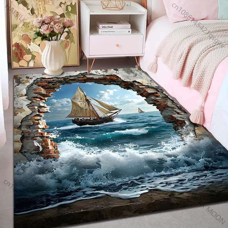 1PC Sailing Ship Through Broken Wall Print Carpet Rug for Living Room Bedroom Sofa Doormat Home Decor Non-slip Floor Mat