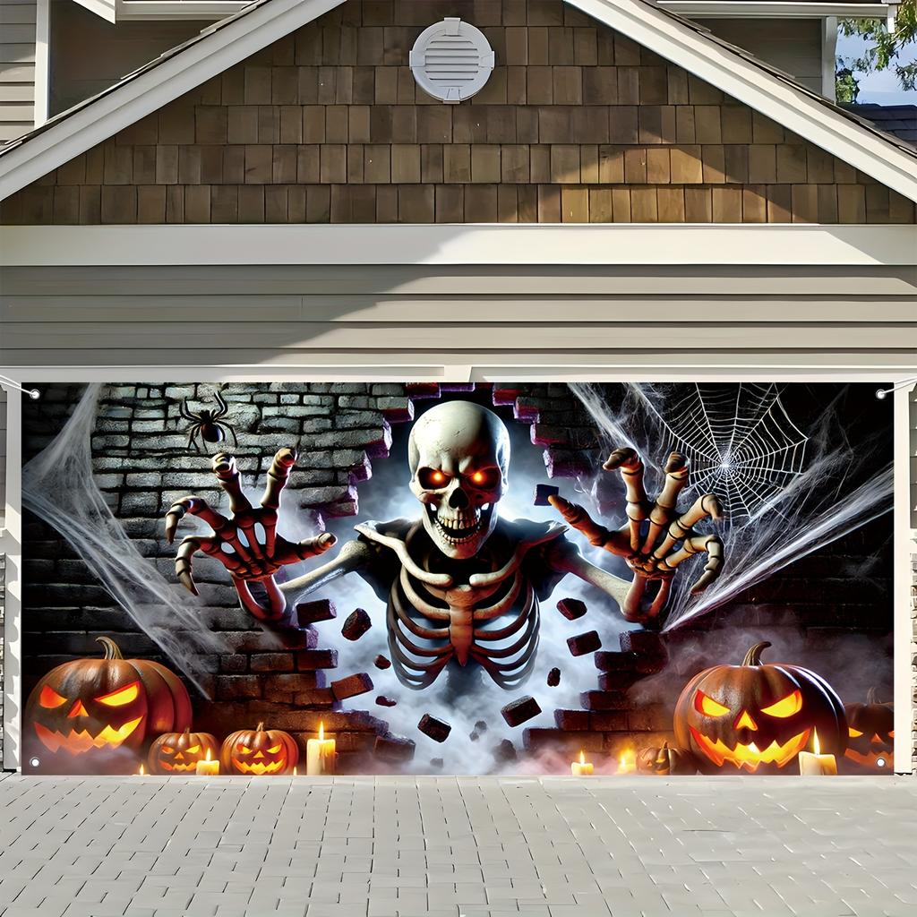 1 2D Banner, Halloween Garage Door, Pumpkin and Spider Web Design - Ideal Home, Yard and Festive Occasion Decoration