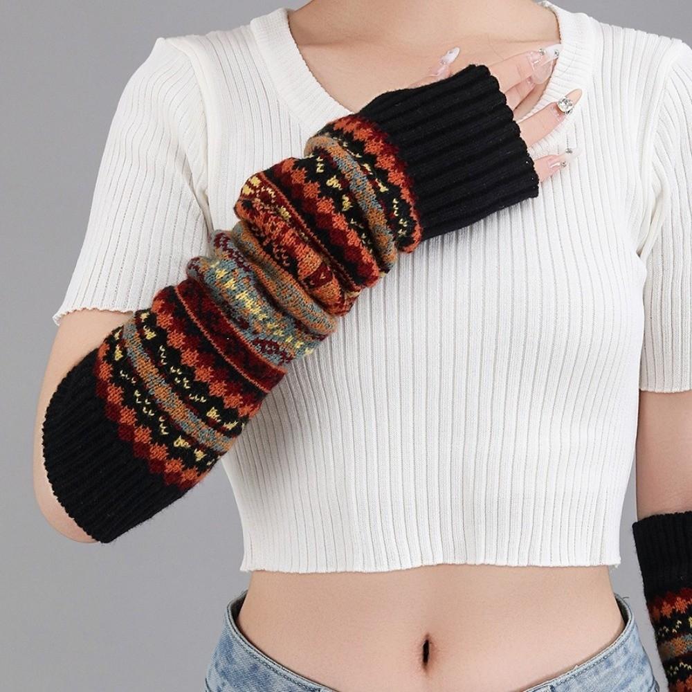 Bohemian Style Knitted Fingerless Sleeves Thickened Warmer Long Cuff Y2K Star Arm Cover  Party