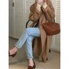 Women's Lapel Collar Long Sleeve Oversized Casual Wool Coat Long Length Single Breasted Loose Woolen Overcoat Solid Color Fall Winter Outerwear