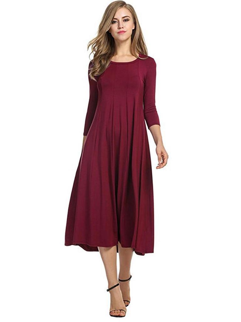 2024 Damen Sommer Mode Rundhals Mittellange Ärmel Einfarbig Großes Schwingkleid