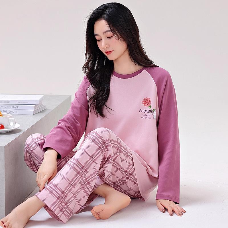 Women's pajamas spring and autumn long-sleeved trousers pure cotton two-piece suit, girls can wear cotton loungewear in autumn and winter