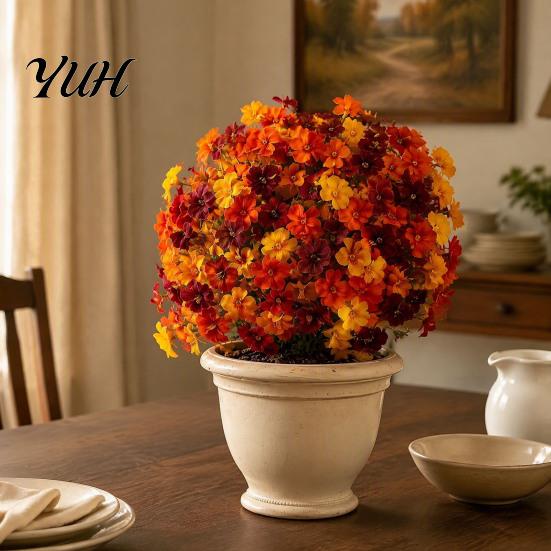 Reusable Plastic Flowers for DIY Crafts Artificial Fall Outdoors, Fake Autumn Topiary Ball, UV Resistant Faux Mums with Ground Home Styling