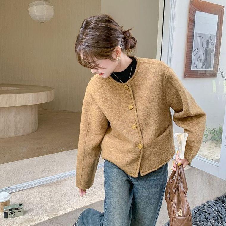 Trendig Kort Ullkappa Dam Höst Vinter Mysig Fuskull Tweedjacka Elegant Lat Stil Toppval