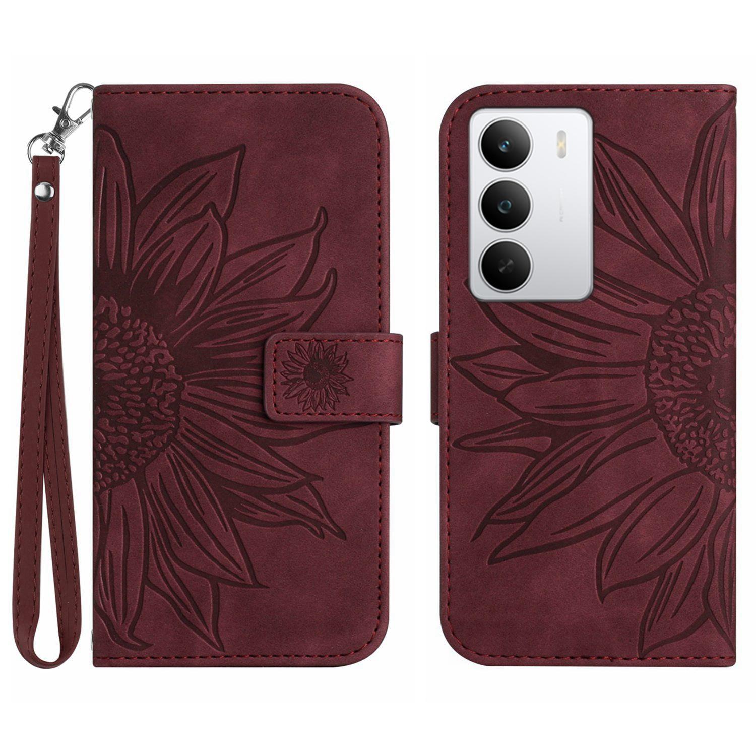

For Realme C75 5G/14x 5G Case Sunflower Imprint Leather Wallet Phone Cover with Wrist Strap Wine Red
