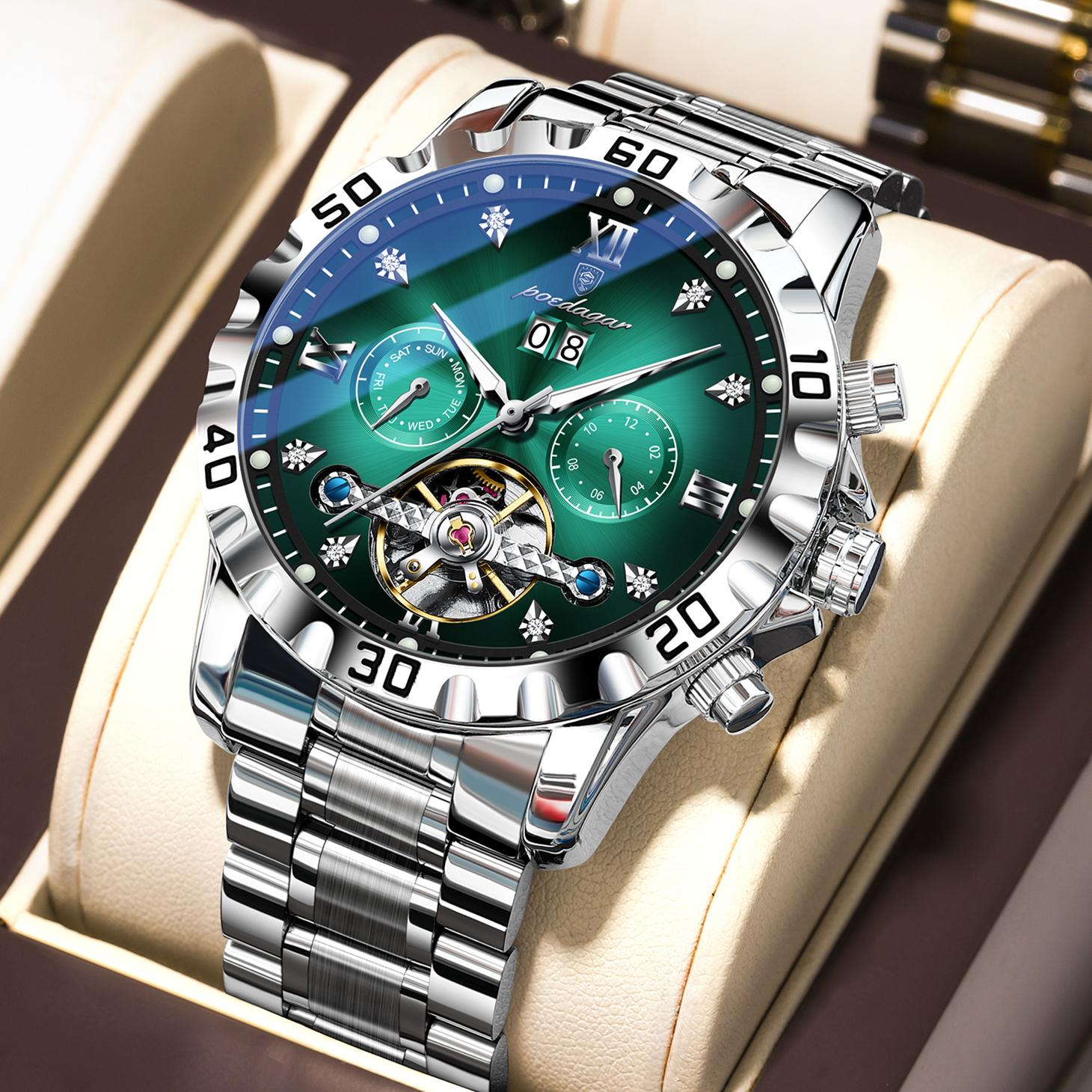 

POEDAGAR Top Luxury Men Watch Automatic Date Week Man Wristwatch Hollow Tourbillon Mechanical Stainless Steel Watches серебряный/зелёный