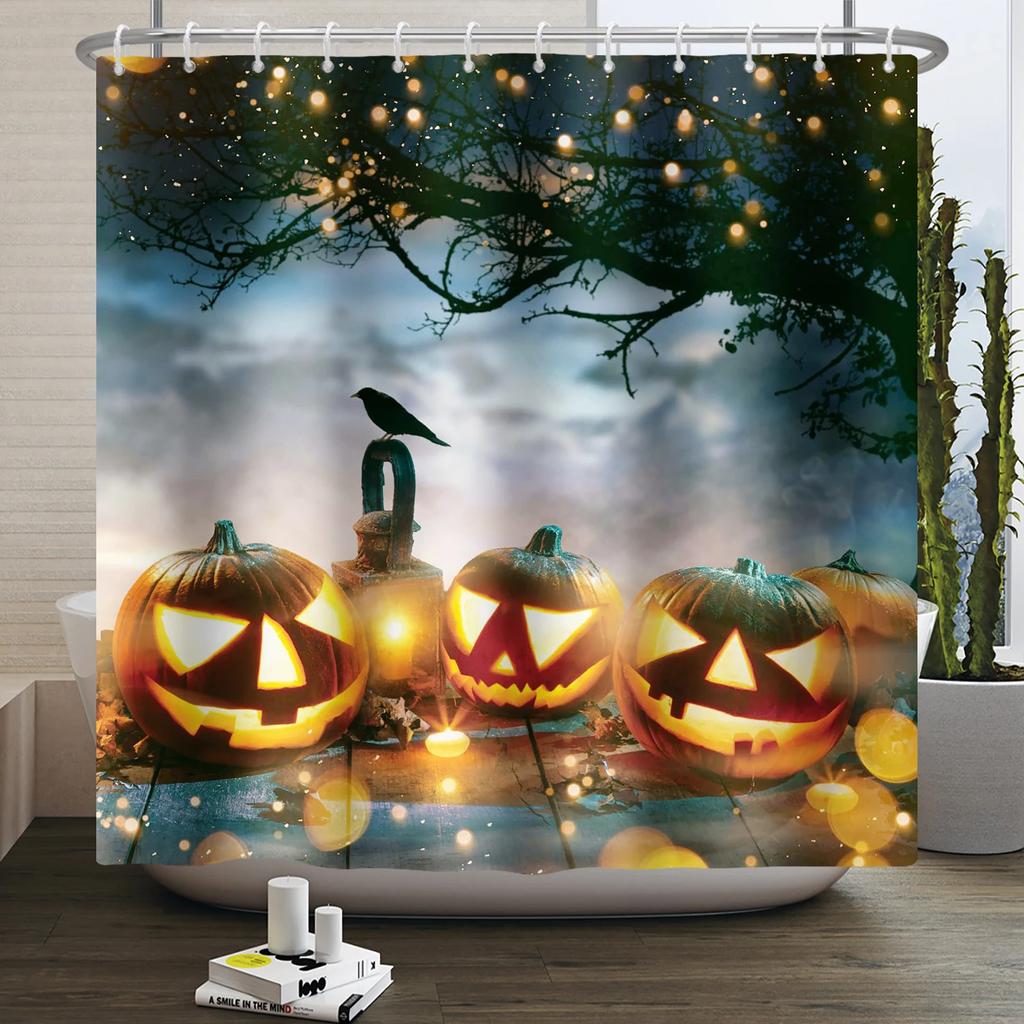 Halloween Duschvorhang Horror Mondnacht Kürbis Schädel Skelett Gruseliges Schloss Hexe Geist Friedhof Wasserdicht Badezimmervorhänge