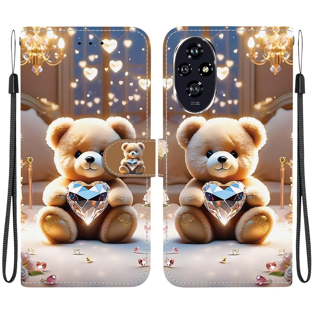Handmade PU Leather Flip Case for Honor 200/ Honor 200 Pro/ Honor 200 Lite Anti-Slip Shockproof Cover with Wrist Strap & Heart/Rose Cat Designs
