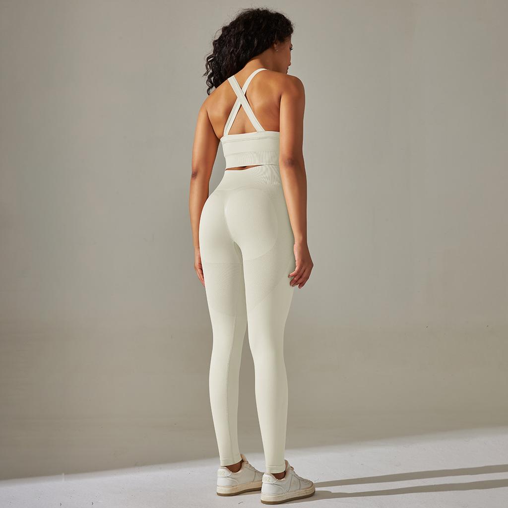 Seamless Knitted Solid Color Cross Back Tight Yoga Suit Set For Sports Running And Fitness Nine Leg Pants