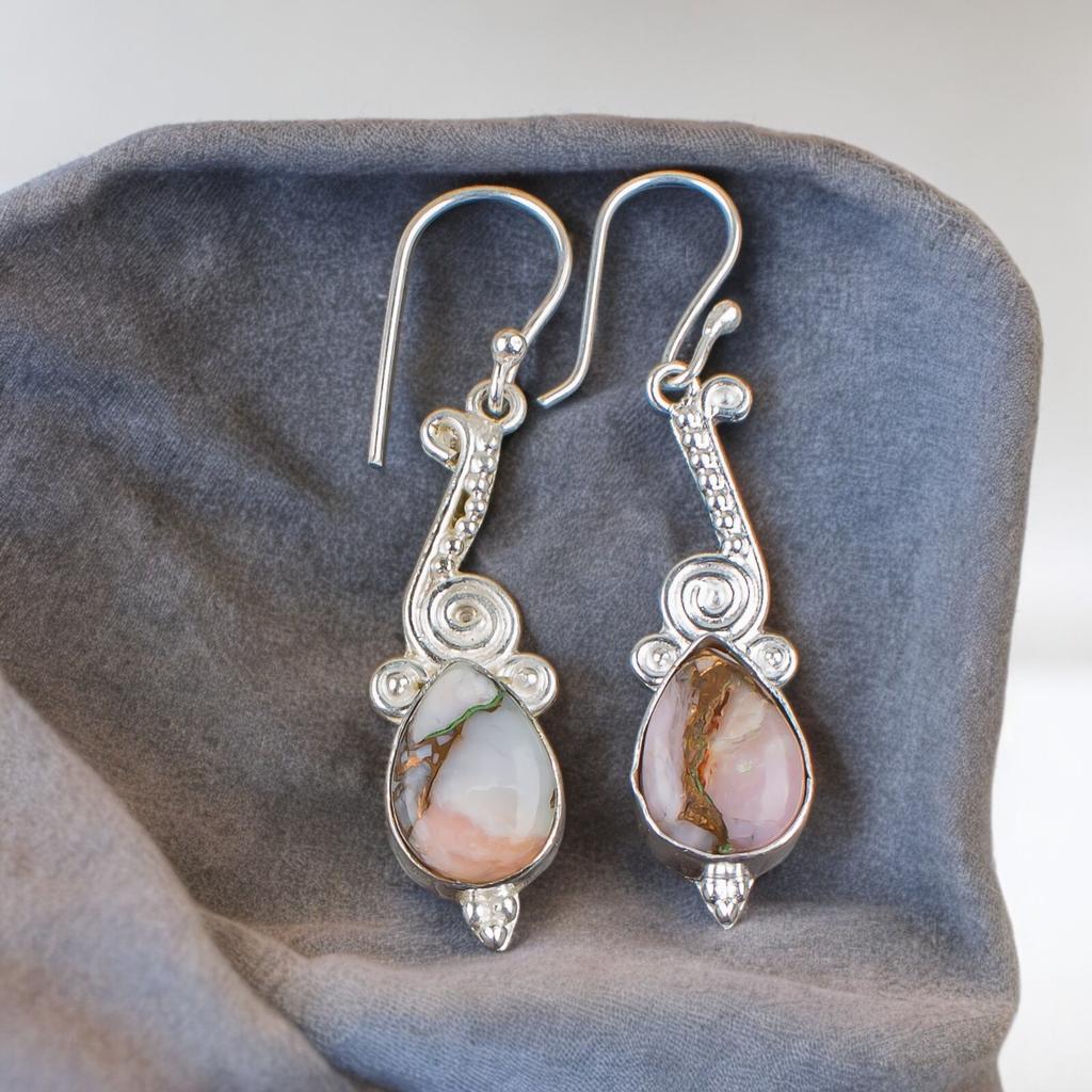 Authantic Pink Opal Copper Gemstone 925 Sterling Silver Lovely  Jewelry Earrings EE-37-36