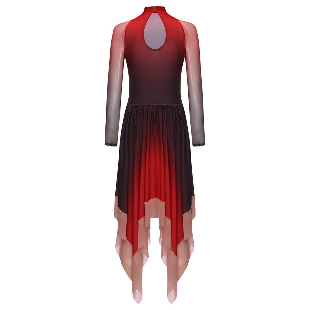 Collant de Dança Lírica com Decote Gota nas Costas e Mangas Compridas de Malha Feminino Vestido Degradê Bainha Irregular para Apresentação