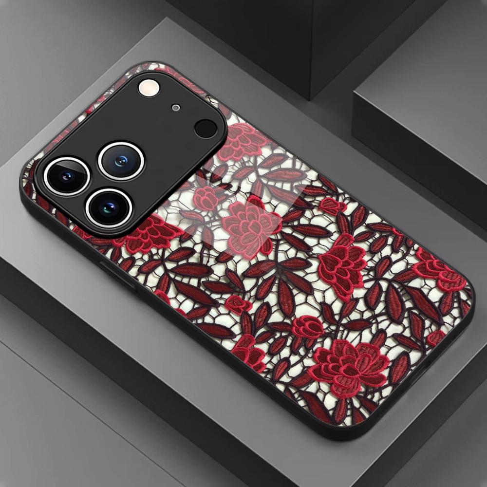 Red Floral Lace Pattern Glass phone case mobile phones for iphone 17 pro max cover for iPhone 17 16 15 14 13 12 11pm Pro Plus