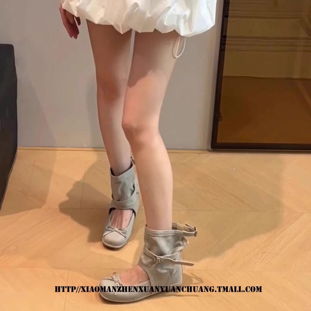 Ballet Style Bow Hollow Cool Boots Women's 2025 Summer New Versatile Breathable Inner Height Increase Mary Jane Stacking Boots
