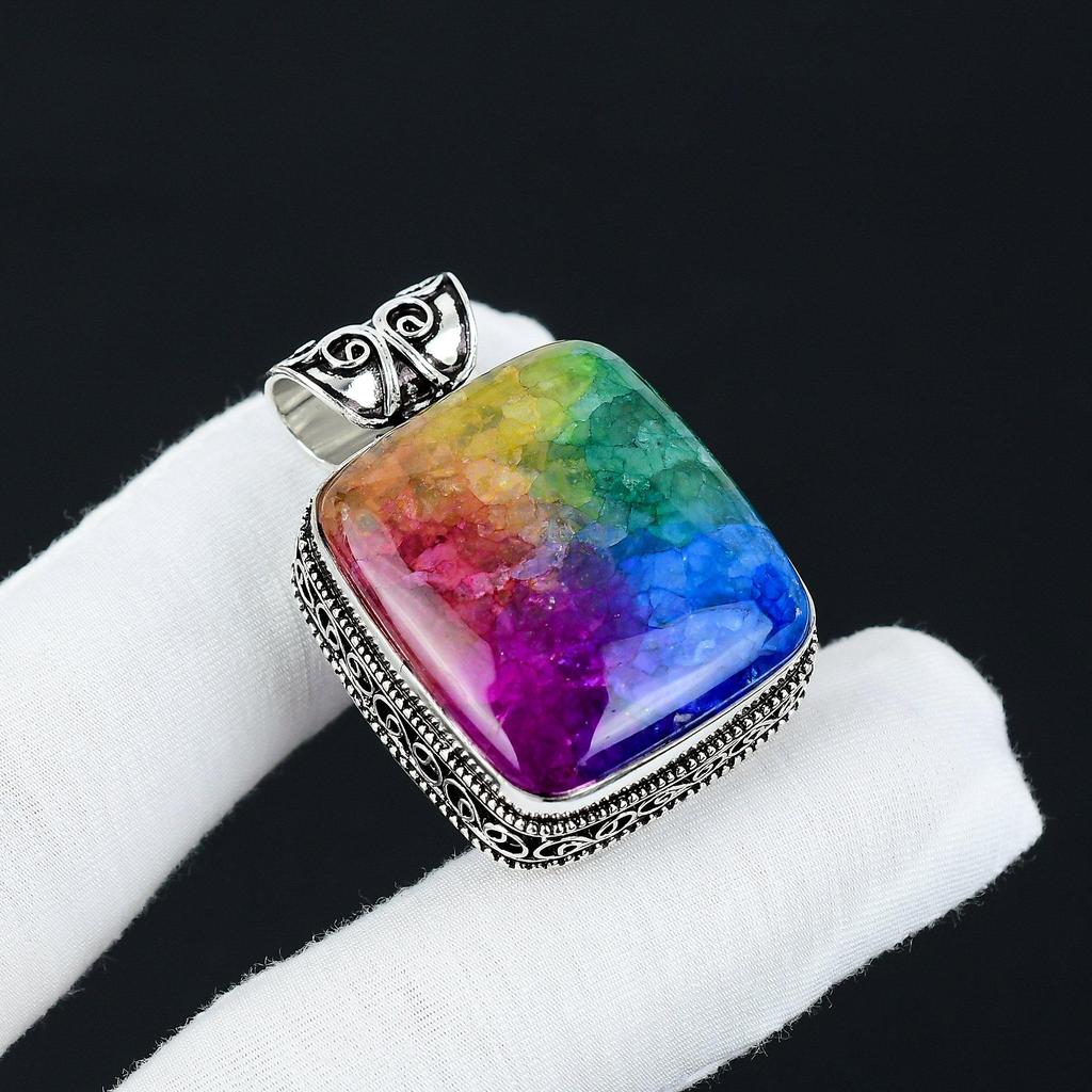 Natural Rainbow Solor Quaraz Gemstone Silver Pendant In 925 Sterling Silver- Handmade Heart Design, Everyday Wear Jewelry, Unique Pendant Gifts