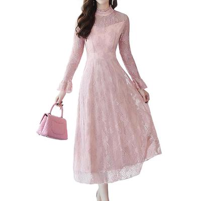 Sueiya Women's Lace Long Frill Dress, Long Sleeves, Flared, All-over Print, Cute, High Waist,