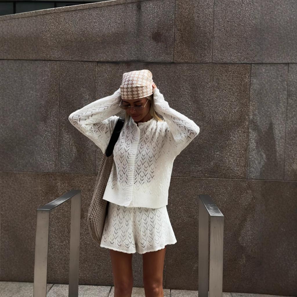 Women's White Lace Knit Cardigan and Shorts Set Sleeveless Cropped Top Two Piece