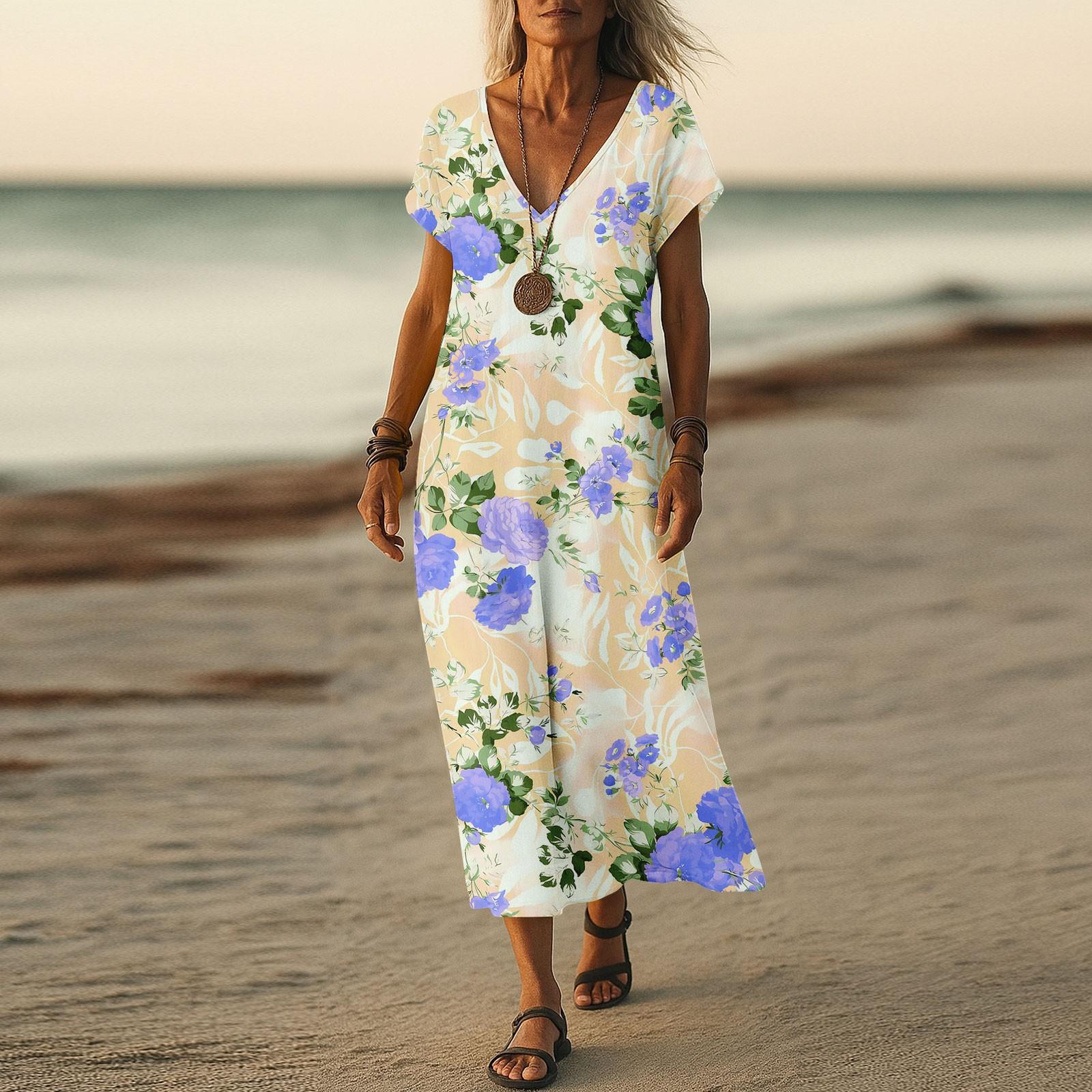 

Літня сукня Жіноча Довга Бохо Пляжна Сукня Елегантна Максі Сукня V-подібний Виріз Короткий Рукав Літня Туніка Легка Повітряна L бежевий