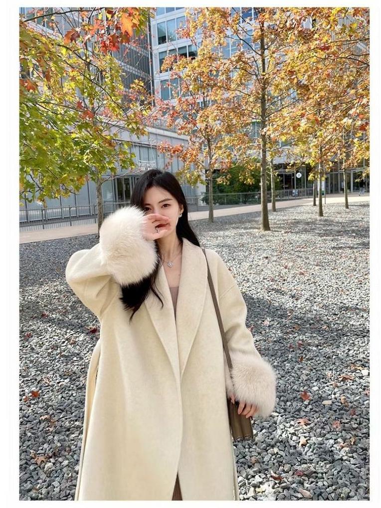 Manteau en Laine Mi-Long pour Femme avec Manches en Fourrure - Veste Décontractée Chic Automne/Hiver