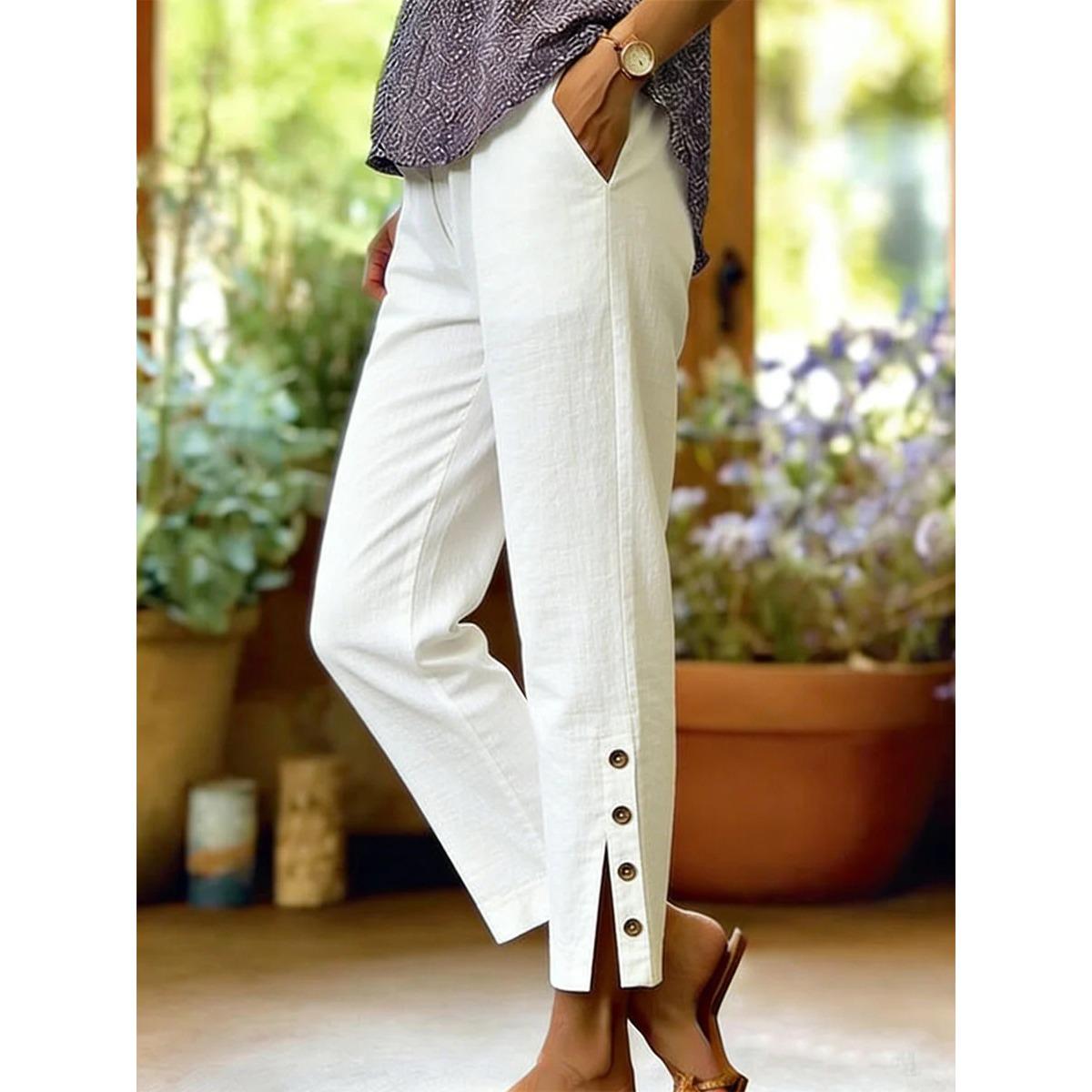 Women s Mid Rise Straight Leg Pants Casual Cotton Linen Ankle Pants with Button Split Hem S белый