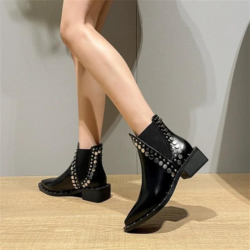 Fashion Autumn Winter Woman Shoes Boots Black New Rock Pole Dance Rivet Chunky Heels Western Pointed Toe Chelsea Short Boots Trending