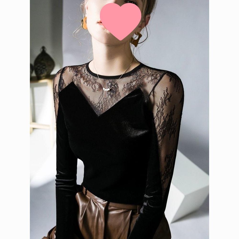 Velvet Lace Patchwork Cinched Waist Women's Top - Chic Autumn Layered Fashion Shirt