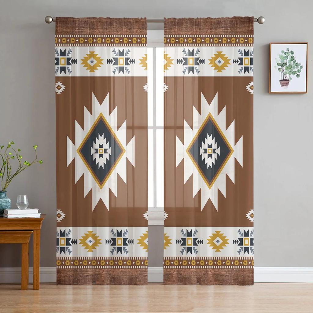 Southwest American Tribal Totem Boho Sheer Curtains Transparent Window Voile Tulle for Bedroom Holiday Decoration
