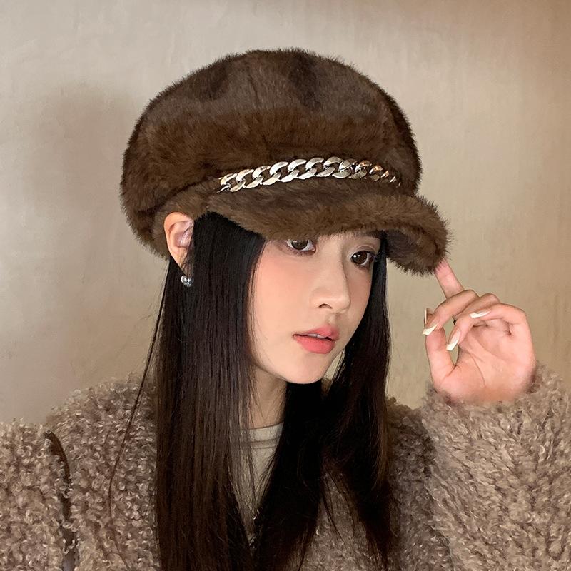 Versatile Imitation Mink Fur Chain Duck Tongue Beret Autumn and Winter Hat for Women Versatile Octagonal Hat Plus Velvet Thickened Warm Hat