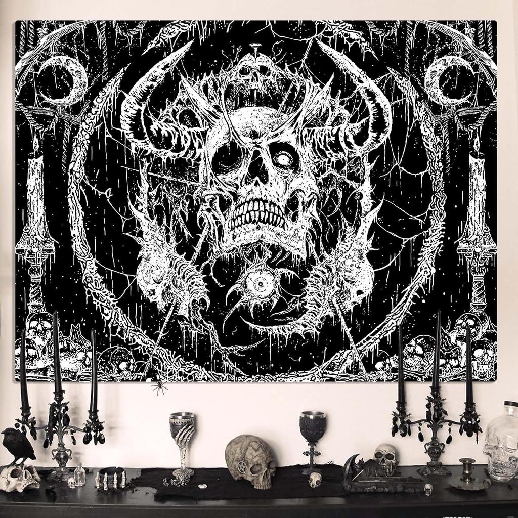 Lifeella Skull Tapestry, Gothic Horror Moon Skeleton Mystic Dark Tapestries for Bedroom Grunge Wall Hanging Black and White 36 X 48 Inch