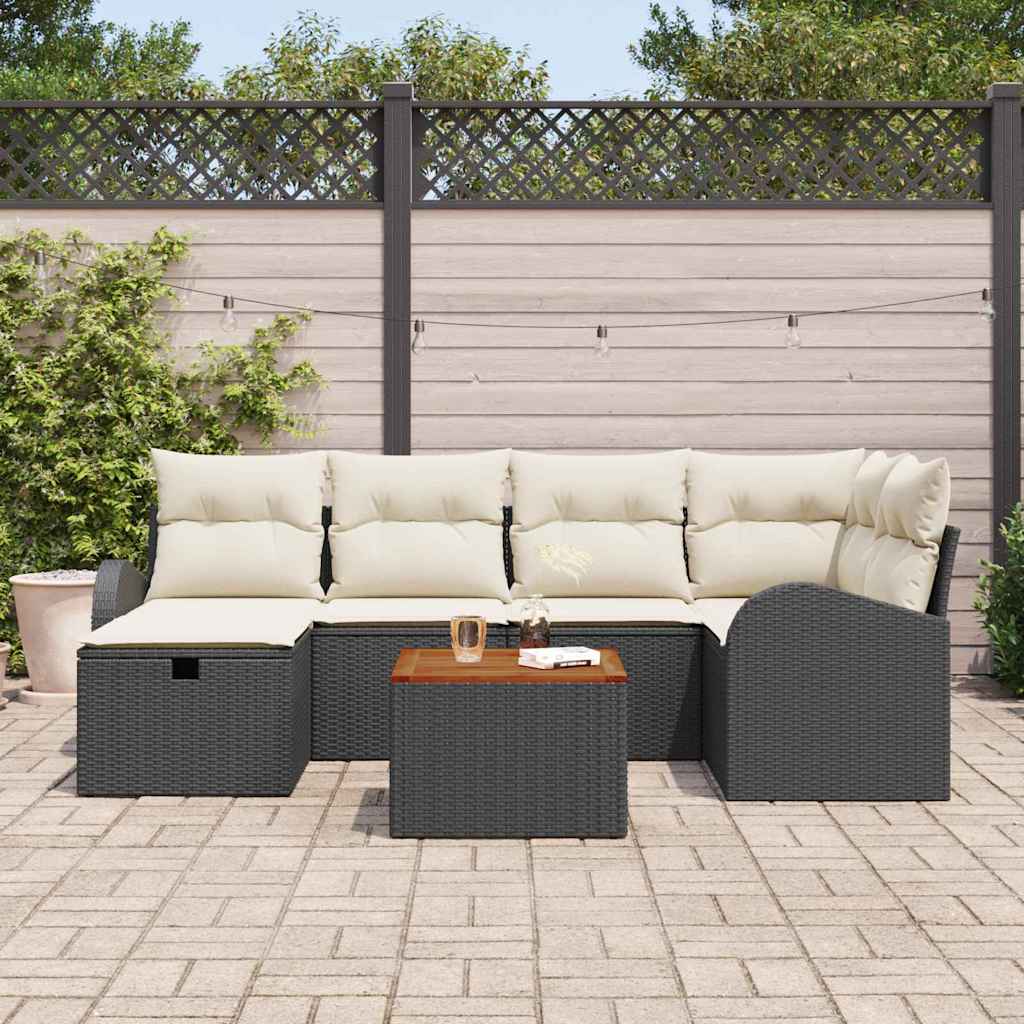 7 Piece Garden Sofa Set with Cushions Black Poly Rattan