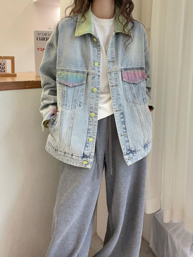 

Женская джинсовая куртка в европейском стиле, трендовая, минималистичная, с радужными цветными блоками - Коллекция начала весны 2025 года, свободная повседневная посадка L небесно-голубой