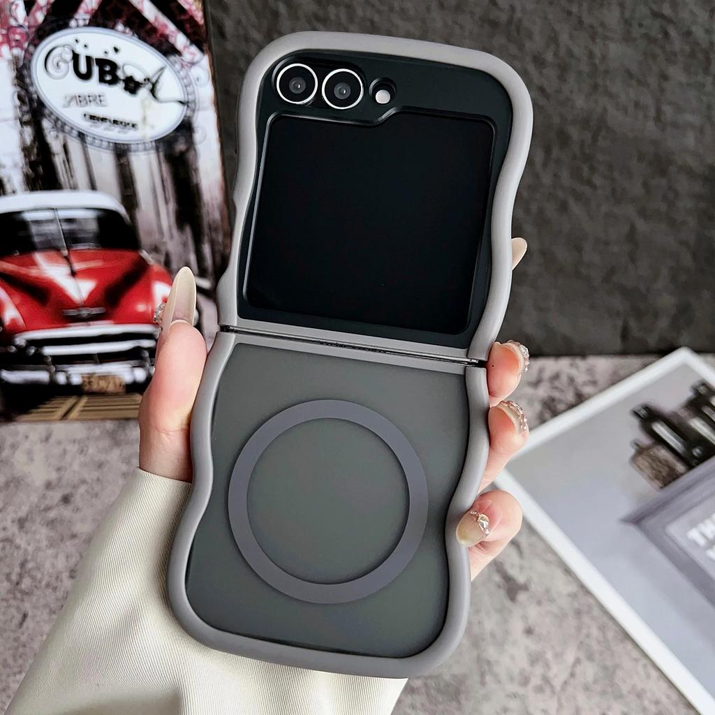Stylish Big Wave Magnetic Matte Case For Samsung Galaxy Z Flip 3 4 5 6 5G ZFlip5 Flip6 5G Translucent Frosted Back Cover Funda