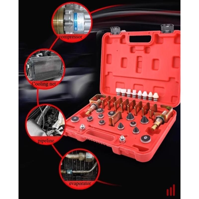 Vehicle Air Conditioning Leak Test Kit with Service Fittings, Sealing Plugs and Storage Case, 26-Piece Inspection Set for Garage Repair