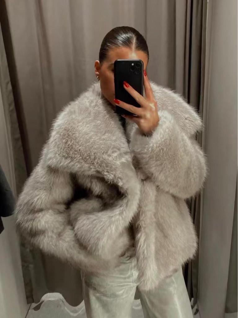 Plus Size Women's Faux Fur Lapel Jacket - 2024 Spring/Autumn European & American Style