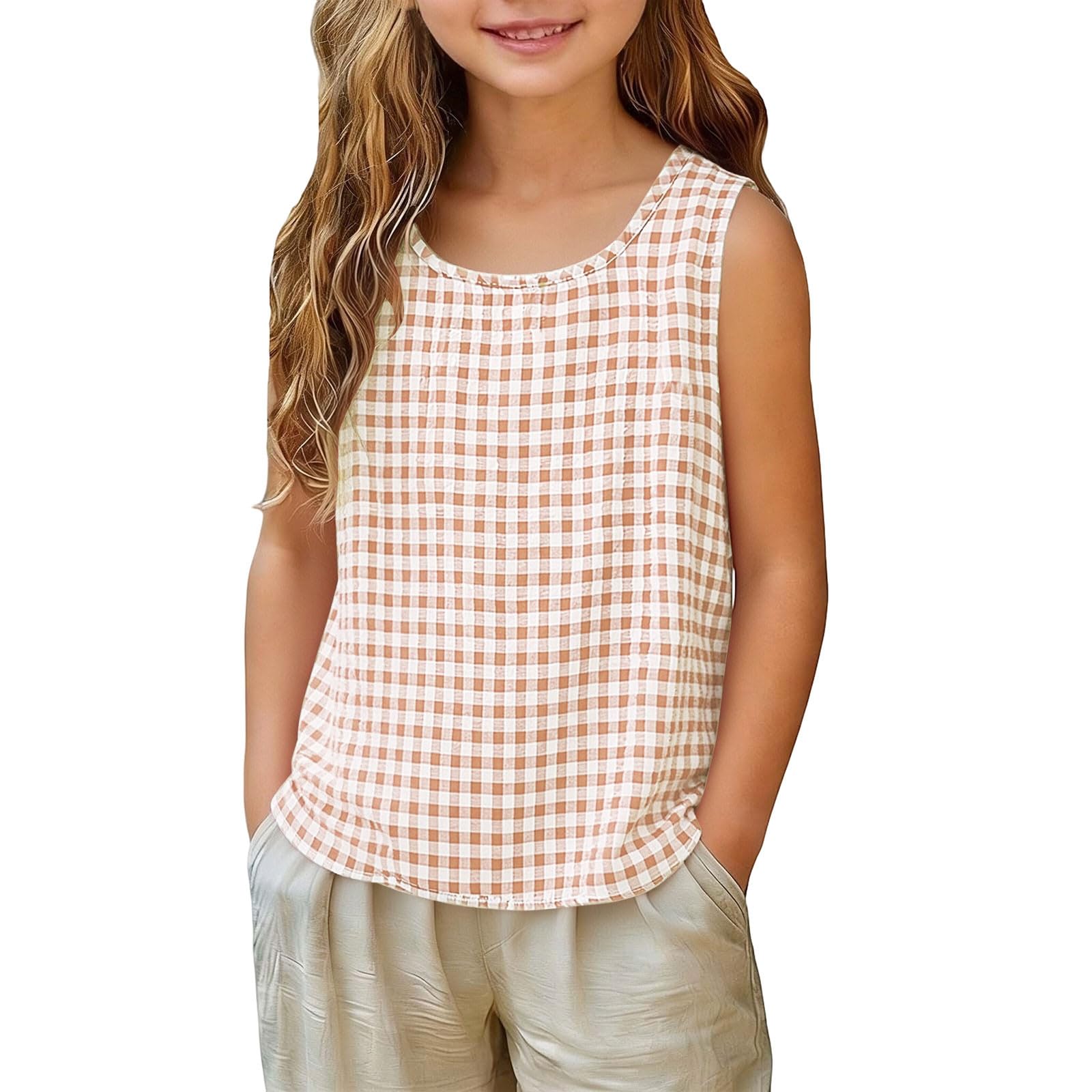 

Girls Sleeveless Tank Top Casual Plaid Checkered Vest Lightweight Summer Shirt for Kids Soft Breathable Fabric Comfortable Fit 150