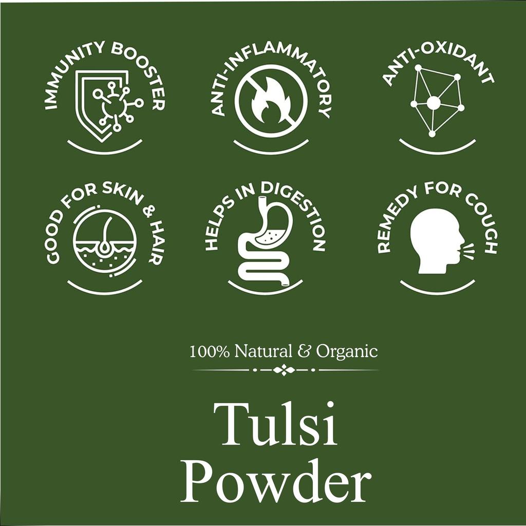 Khadi 100% Pure & Organic Tulsi Powder (Ocimum Sanctum) – Natural Ayurvedic Powder for Clear Skin, Acne Control & Scalp Purification – 100g