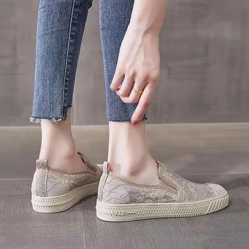 Fashion Flat Sneakers Athletic Women Footwear Mesh Breathable Canvas Low Black Ladies Shoes Sports Cotton Designer Sale 39 Korean A Shoe