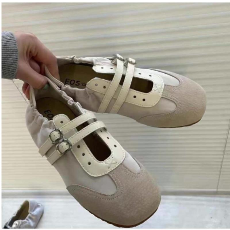 Fashion Leather Version~ Niche Design Sport Ballet Shoes Heightening Double Row Button Mary Janes Color Block Matte Single Shoes