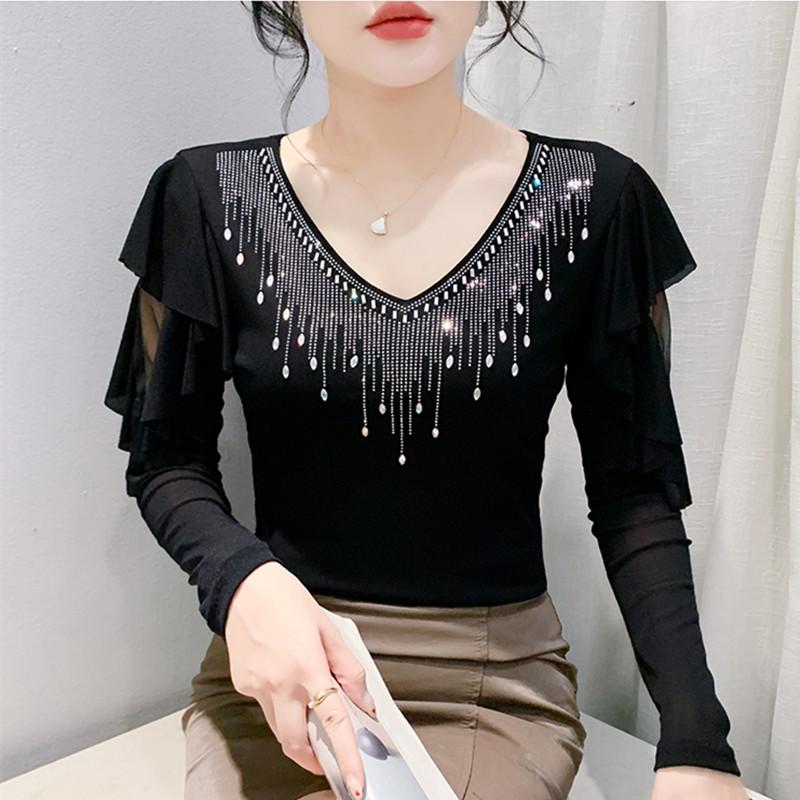 Fashion Spring Autumn Korean Sexy V-neck Hot Diamonds T-shirt Chic Hollow Out Long Sleeve Womens Tees Streetwear Girl Elastic Mesh Top