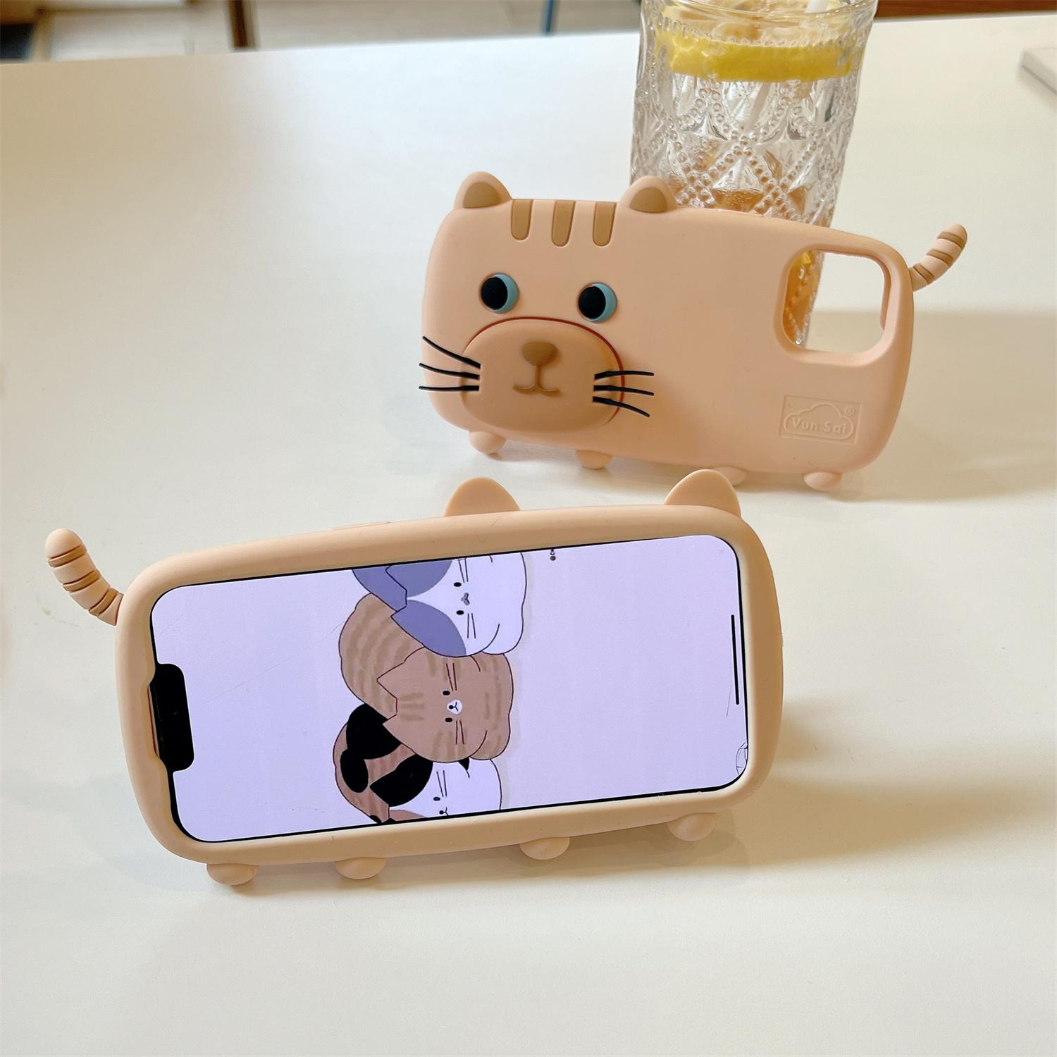 

For iPhone 15 Silicone Case Cute Walking Cat Design Lens Cover Kickstand Phone Cover As Shown A